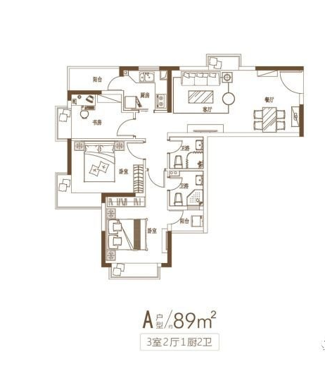 君胜熙珑山3室2厅2卫89㎡户型图