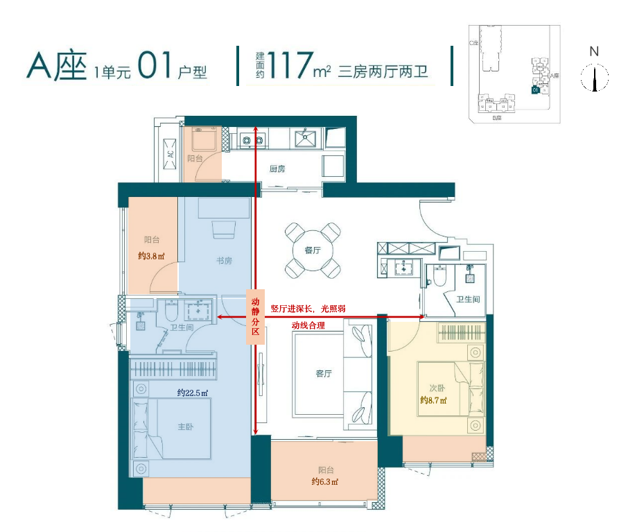华润笋岗中心万象华府3室2厅2卫117㎡户型图