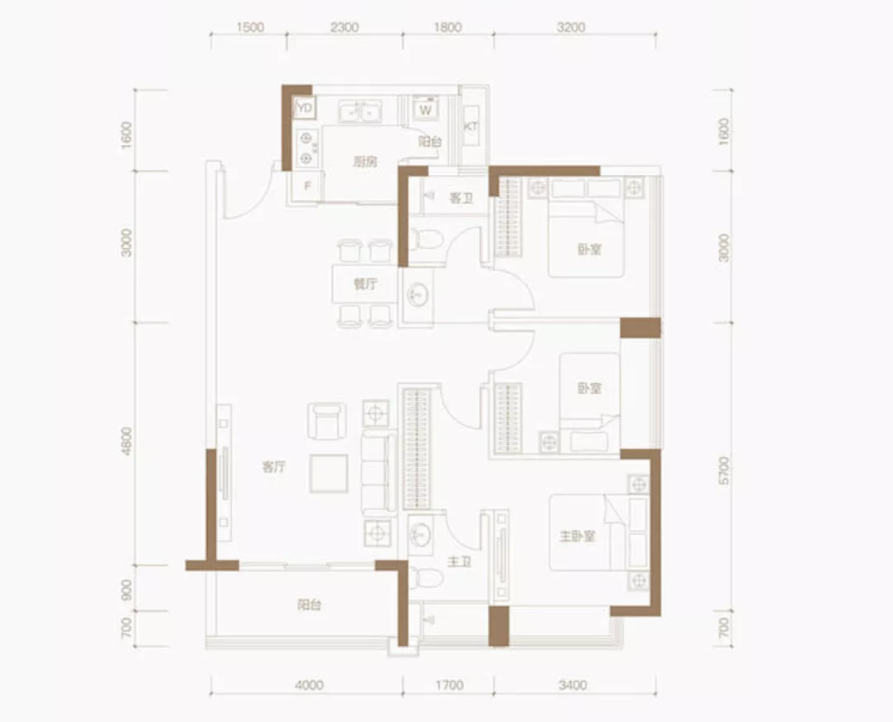 富士君荟苑3室2厅2卫100㎡户型图