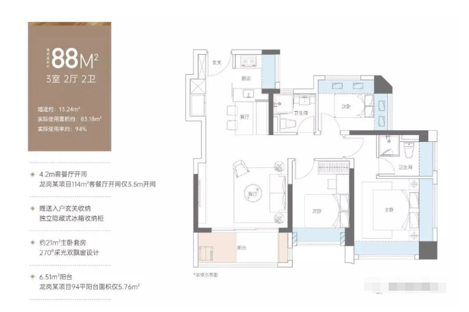 美盛岭尚苑3室2厅2卫88㎡户型图