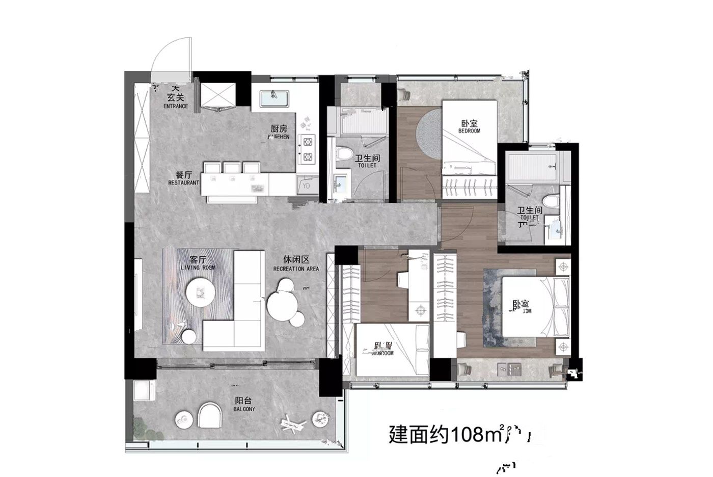 卓越柏奕府3室2厅2卫108㎡户型图