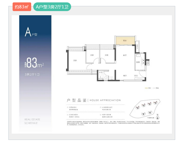 中海观园3室2厅1卫83㎡户型图