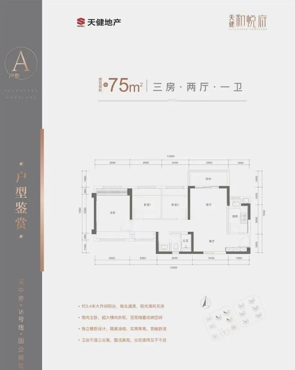 天健和悦府3室2厅1卫75㎡户型图