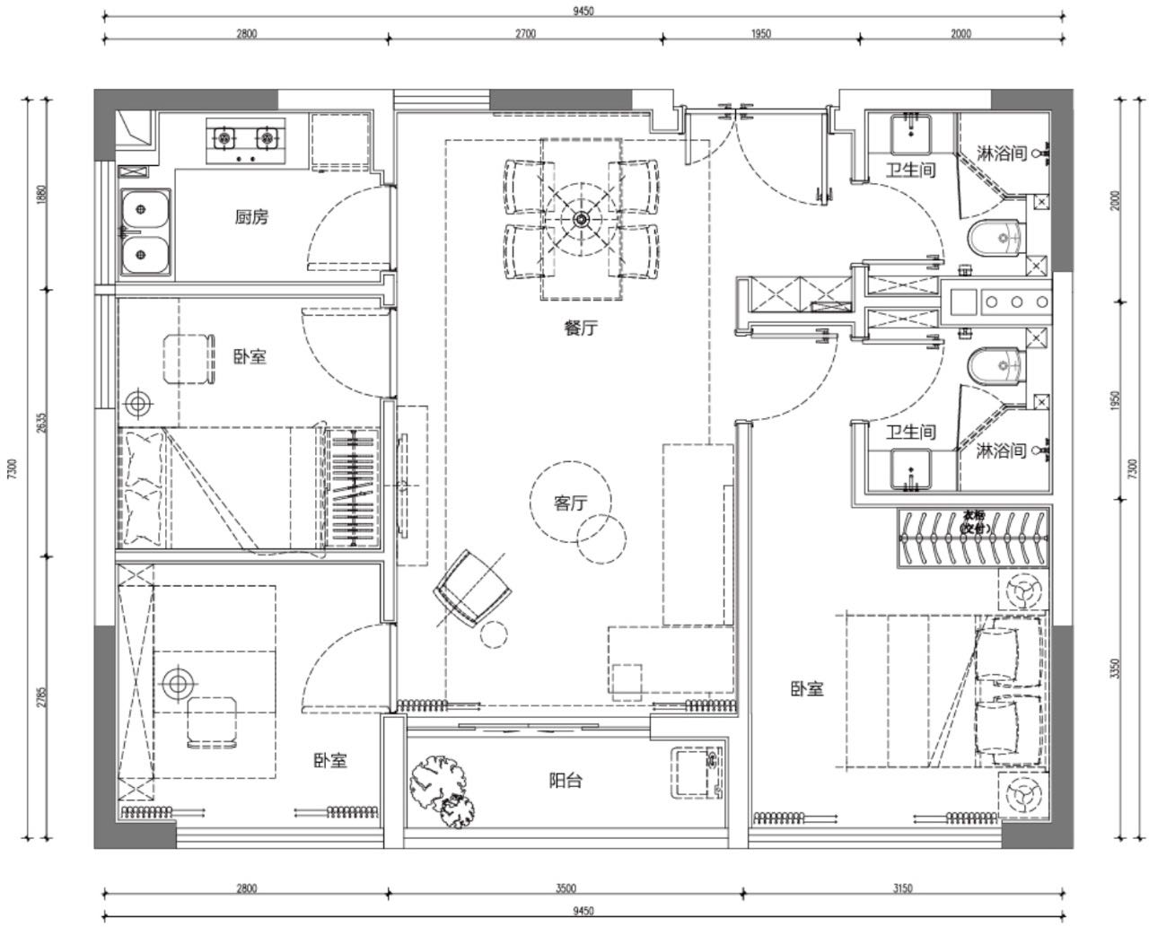 会展湾水岸3室2厅2卫90㎡户型图