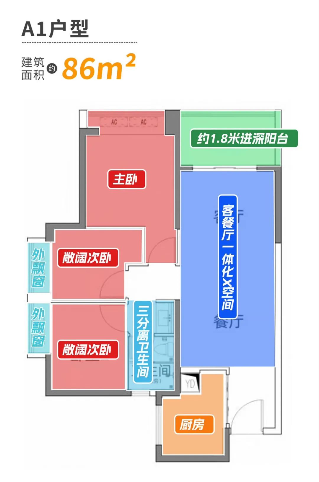 拾悦城楠园3室2厅2卫86㎡户型图