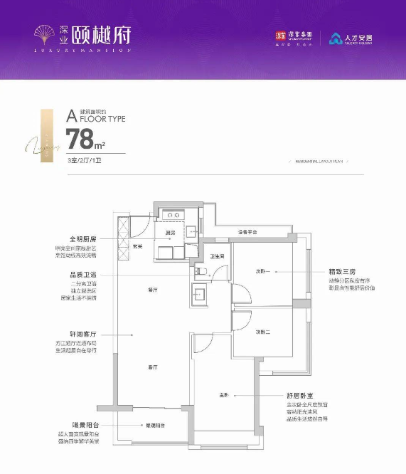 深业颐樾府3室2厅1卫78㎡户型图