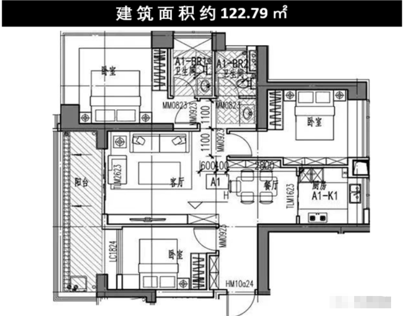 湾尚庭玺家园3室2厅2卫122㎡户型图