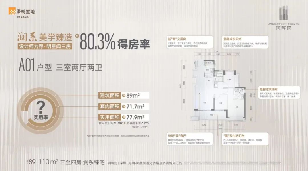 华润润曦府3室2厅2卫89㎡户型图