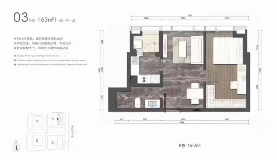 柏悦湾1室1厅1卫63㎡户型图