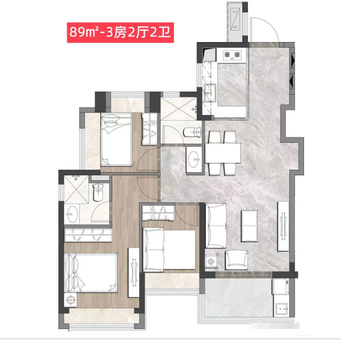 招商雍云府3室2厅2卫89㎡户型图