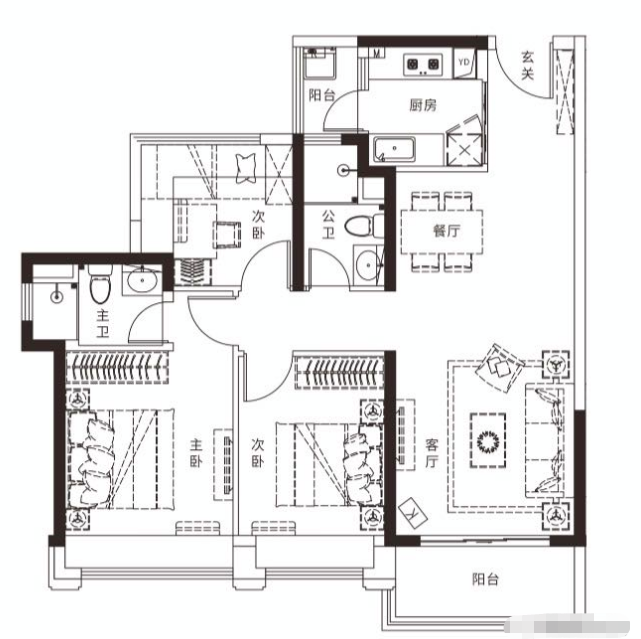 龙光春城玖榕府3室2厅1卫96㎡户型图