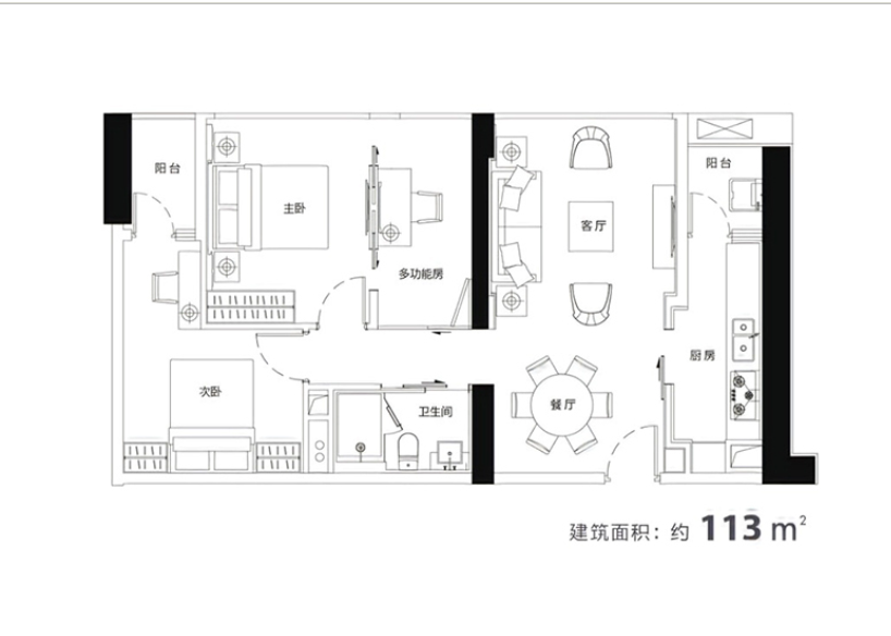 紫元元大厦2室2厅2卫113㎡户型图