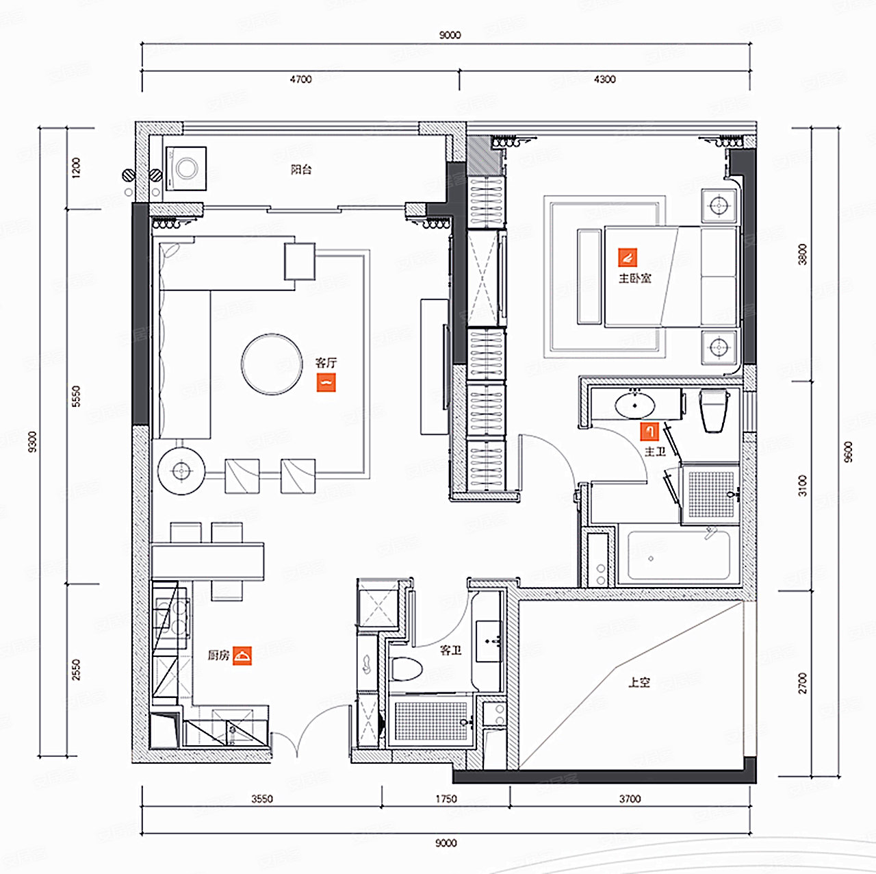 宝能VHOUSE1室1厅2卫98㎡户型图