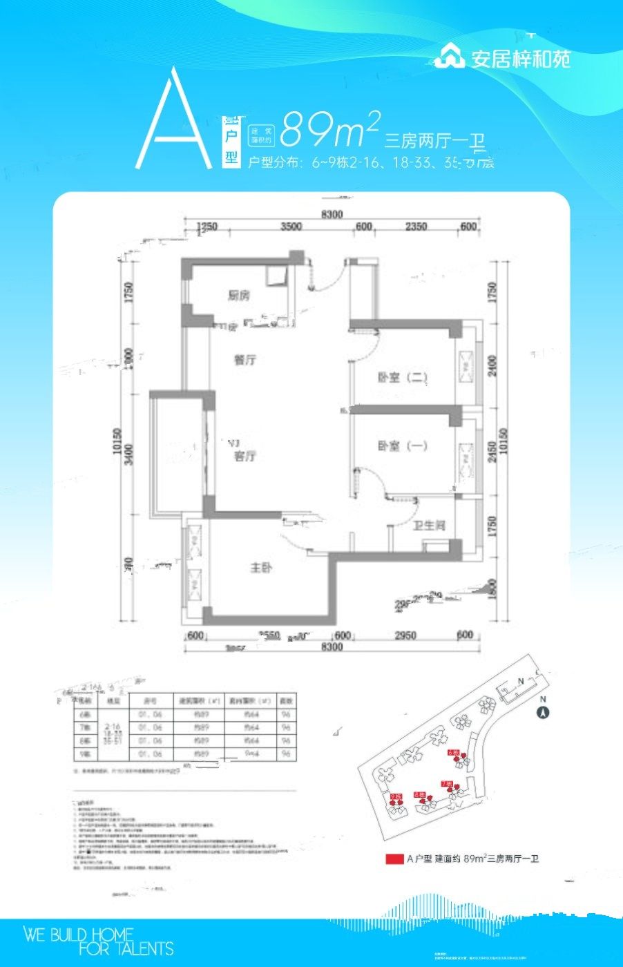 安居梓和苑3室2厅1卫89㎡户型图