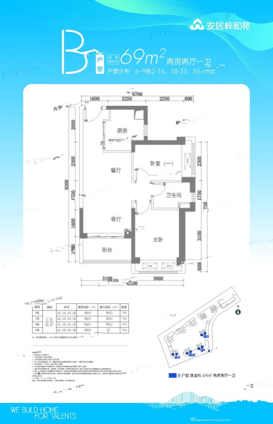 安居梓和苑2室2厅1卫69㎡户型图