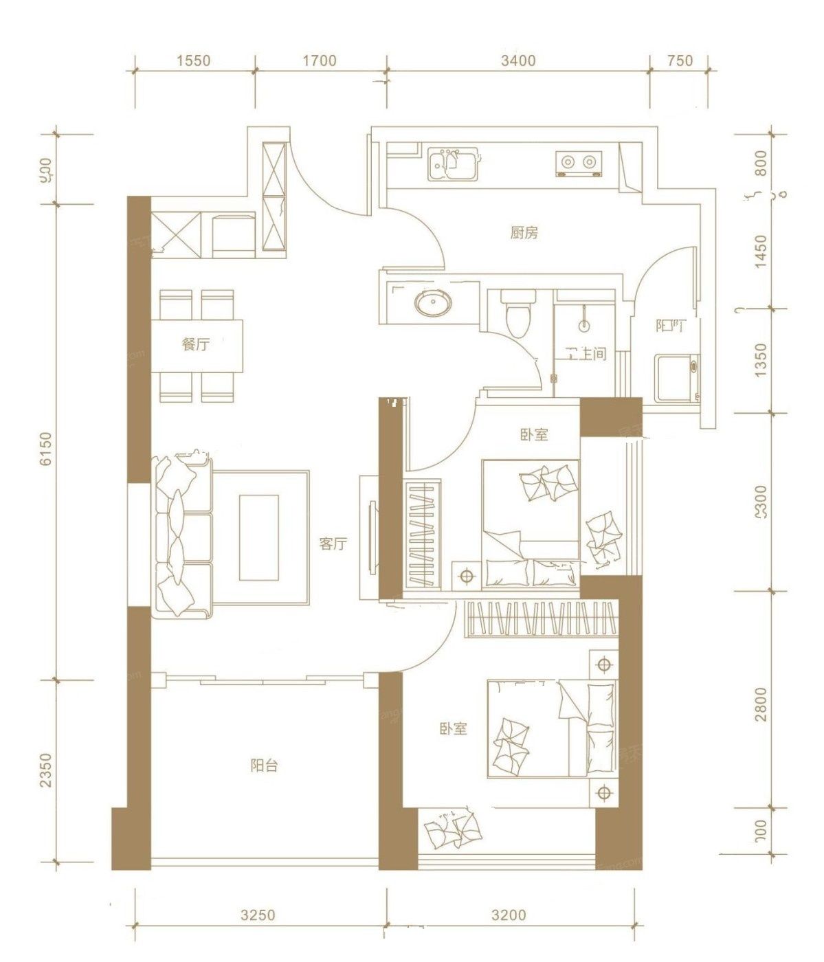 独树阳光里2室2厅1卫73㎡户型图