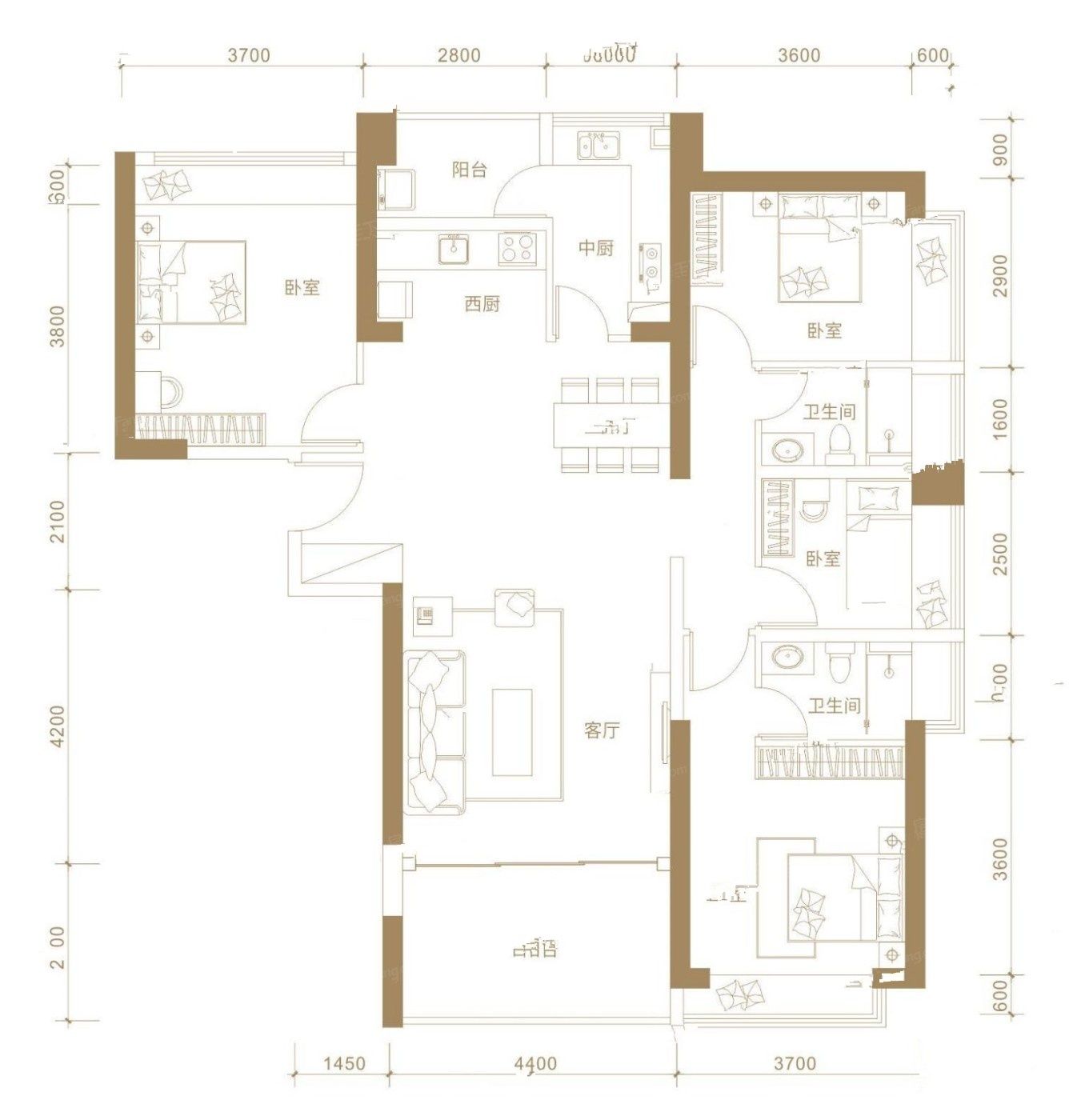 独树阳光里4室2厅2卫158㎡户型图