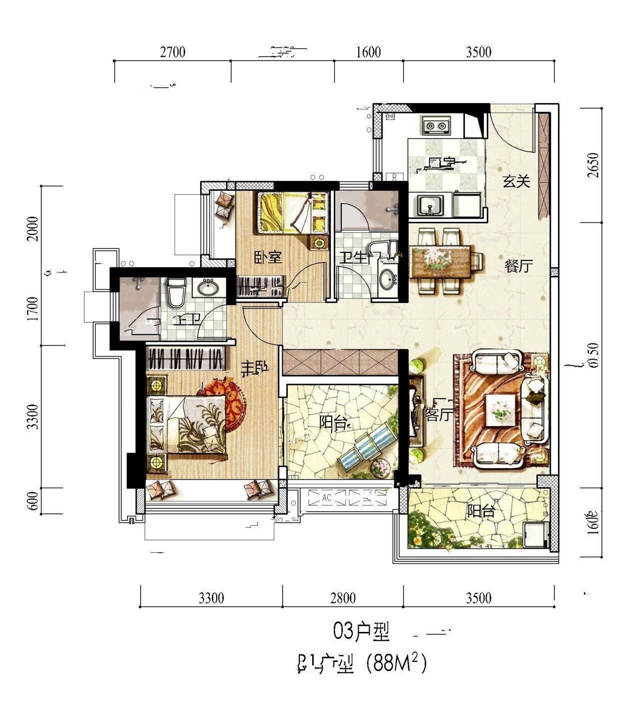 特发观月台2室2厅2卫88㎡户型图