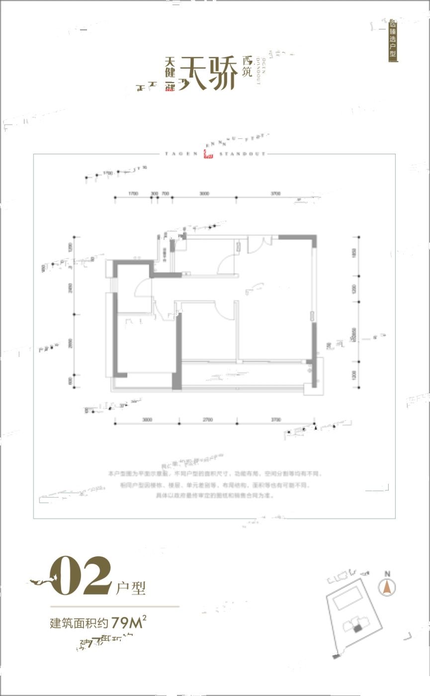 天健天骄峯玺2室2厅1卫79㎡户型图